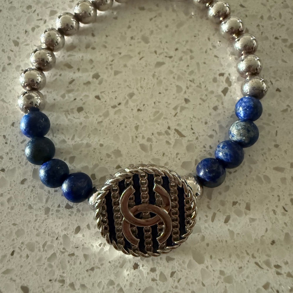 Silver and lapis Blue Beaded Bracelet cc